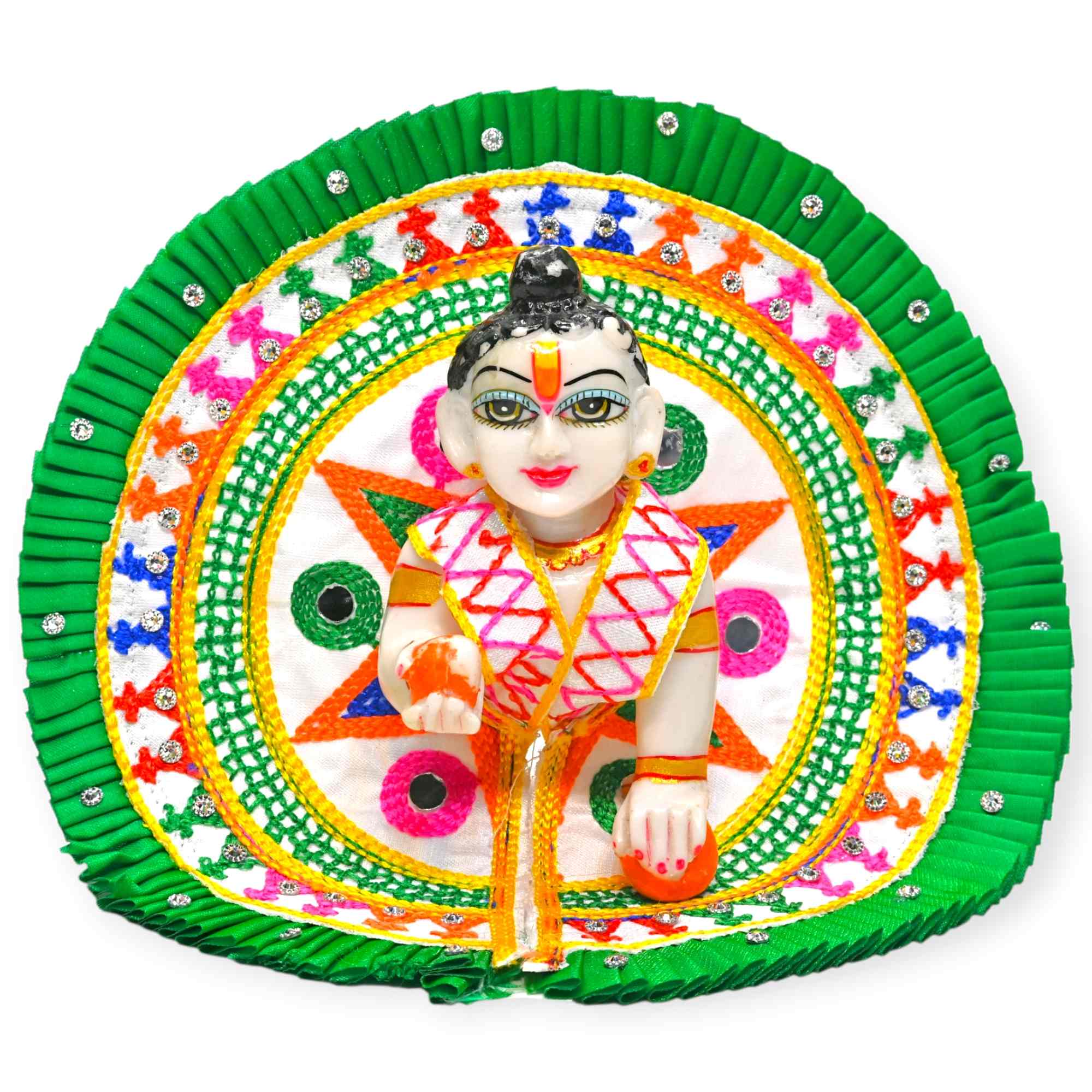 Enhance your Laddu Gopal Ji’s shringar with this beautifully handcrafted cotton summer poshak with mukut from Kashyap G Poshak. Designed especially for warm weather, this dress is made using soft and breathable cotton fabric that keeps the idol well-dress