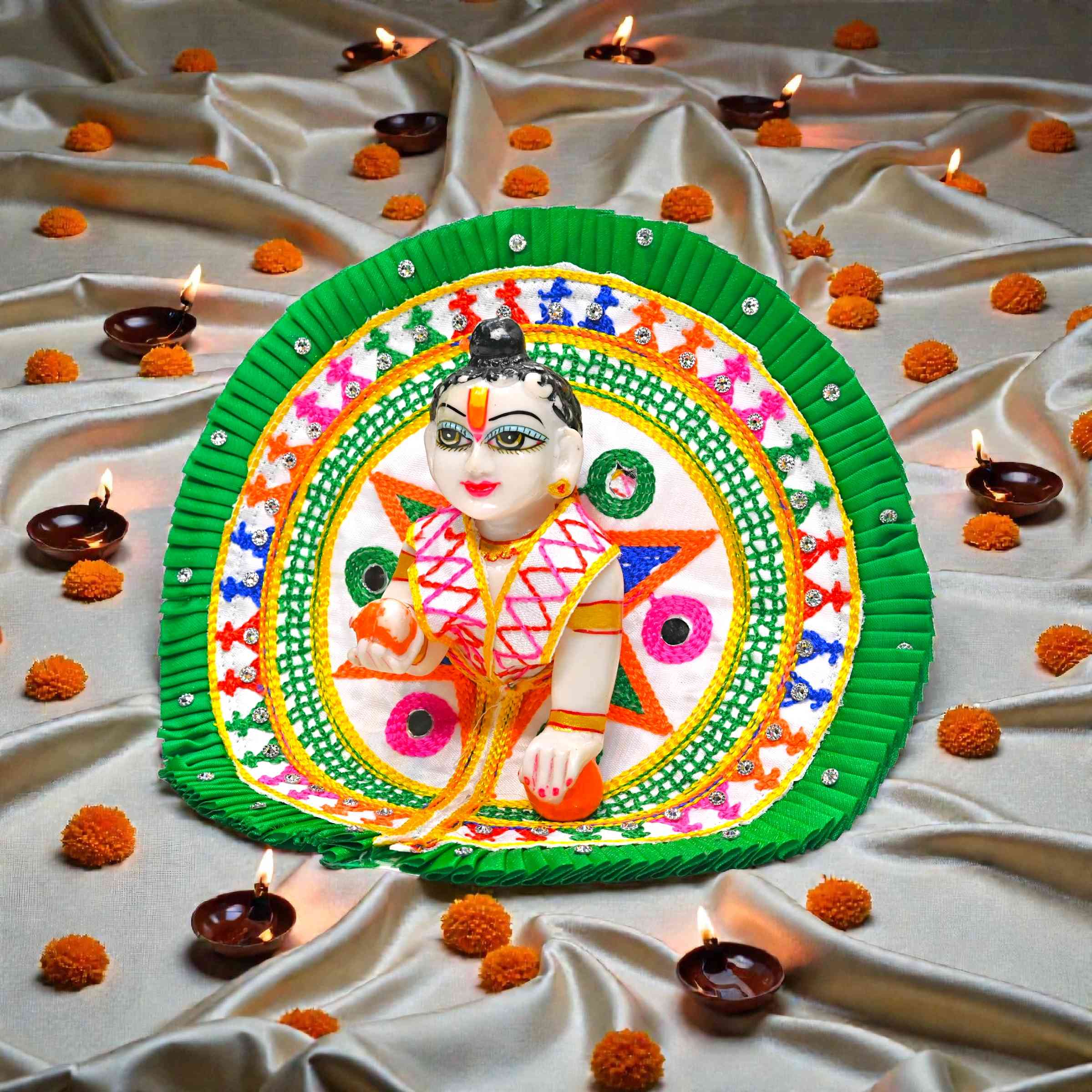 Enhance your Laddu Gopal Ji’s shringar with this beautifully handcrafted cotton summer poshak with mukut from Kashyap G Poshak. Designed especially for warm weather, this dress is made using soft and breathable cotton fabric that keeps the idol well-dress