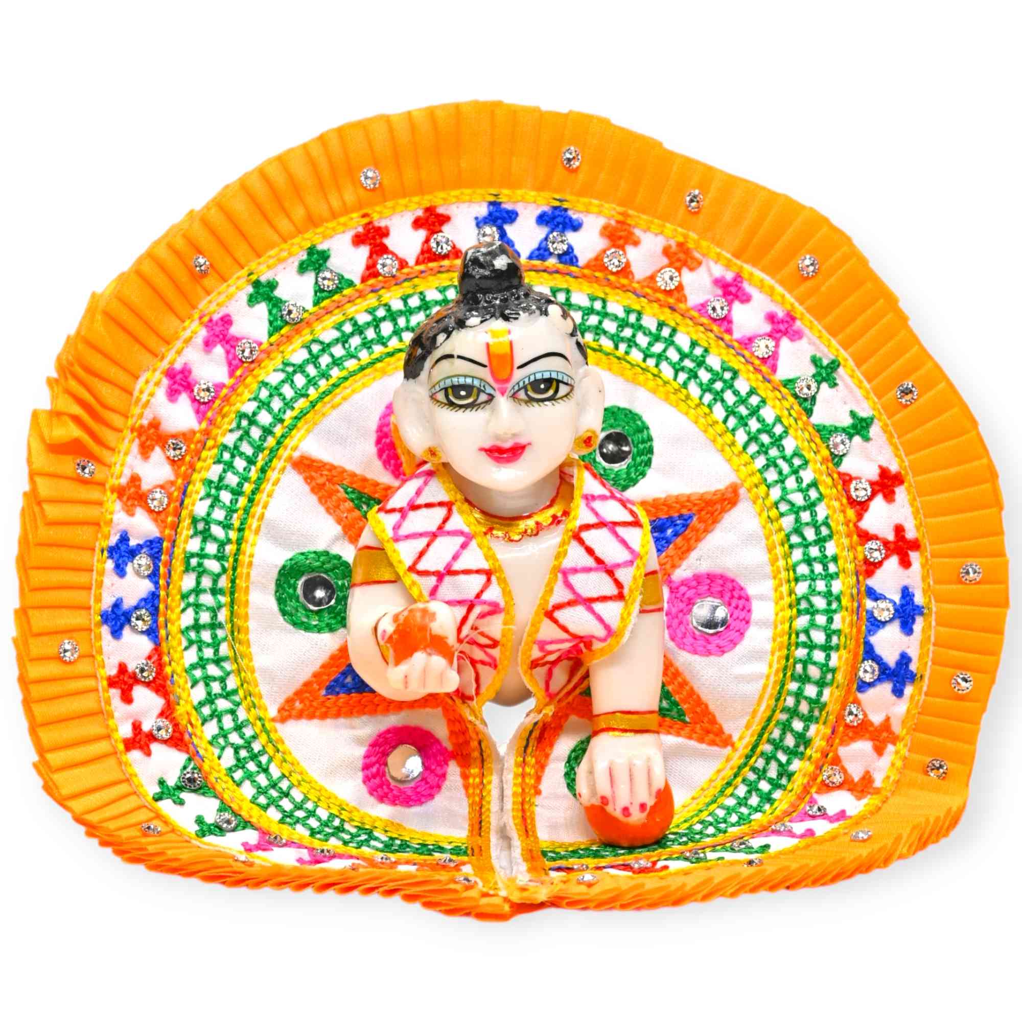 Enhance your Laddu Gopal Ji’s shringar with this beautifully handcrafted cotton summer poshak with mukut from Kashyap G Poshak. Designed especially for warm weather, this dress is made using soft and breathable cotton fabric that keeps the idol well-dress