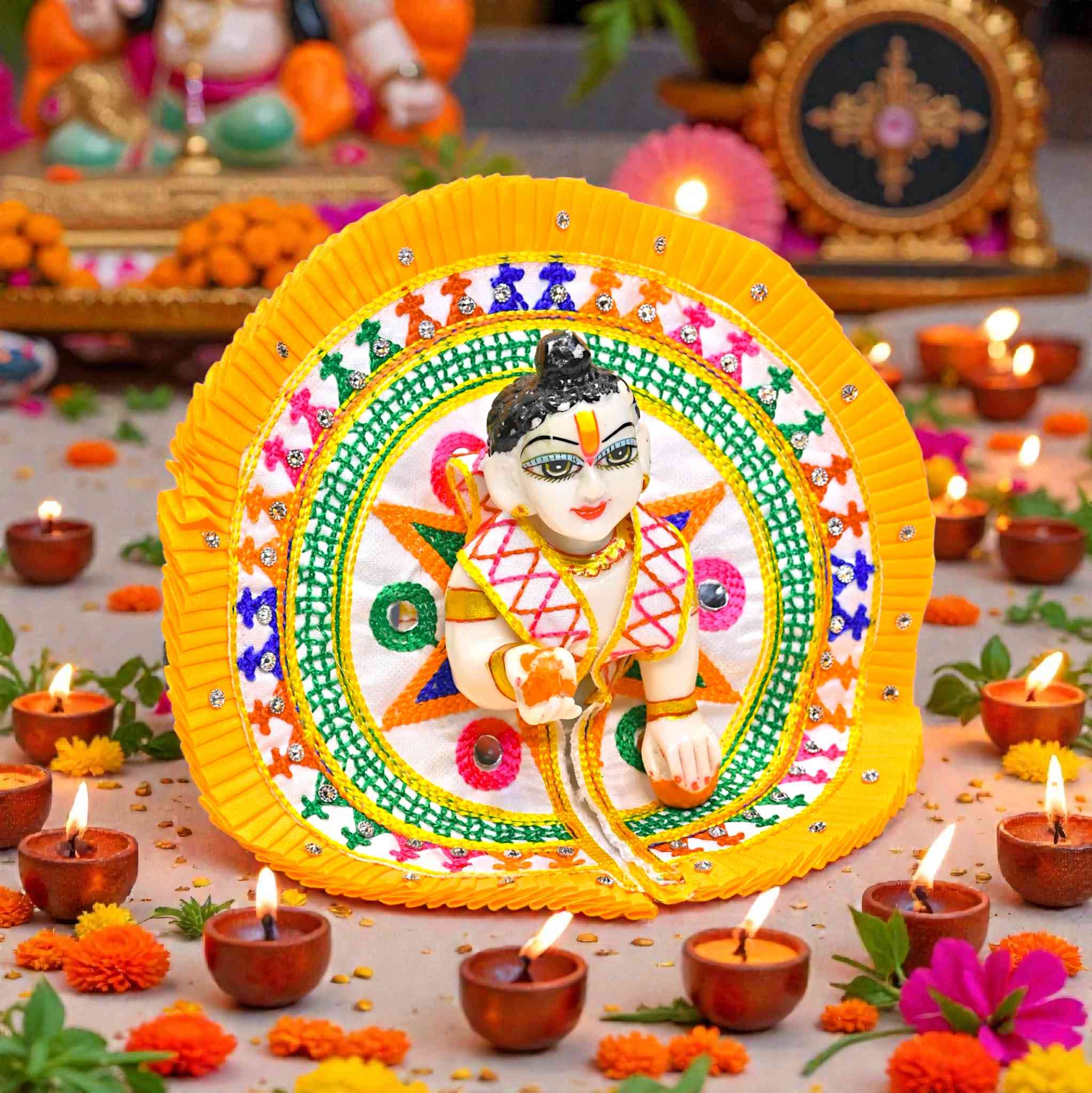 Enhance your Laddu Gopal Ji’s shringar with this beautifully handcrafted cotton summer poshak with mukut from Kashyap G Poshak. Designed especially for warm weather, this dress is made using soft and breathable cotton fabric that keeps the idol well-dress