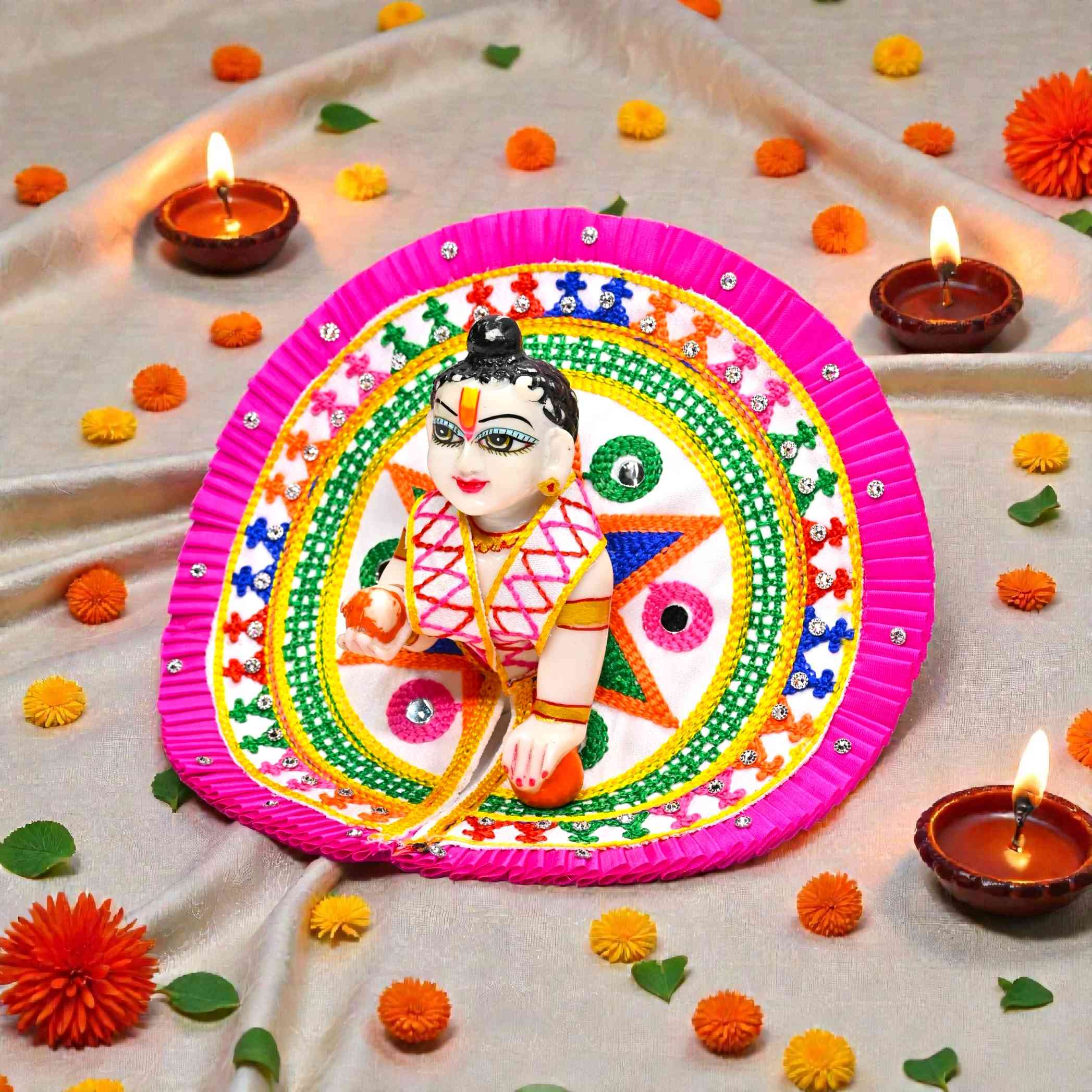 Kashyap G Poshak® Laddu Gopal Ji Dress with Mukut | Cotton Summer Poshak | Handcrafted Circular Design | Size 0–6