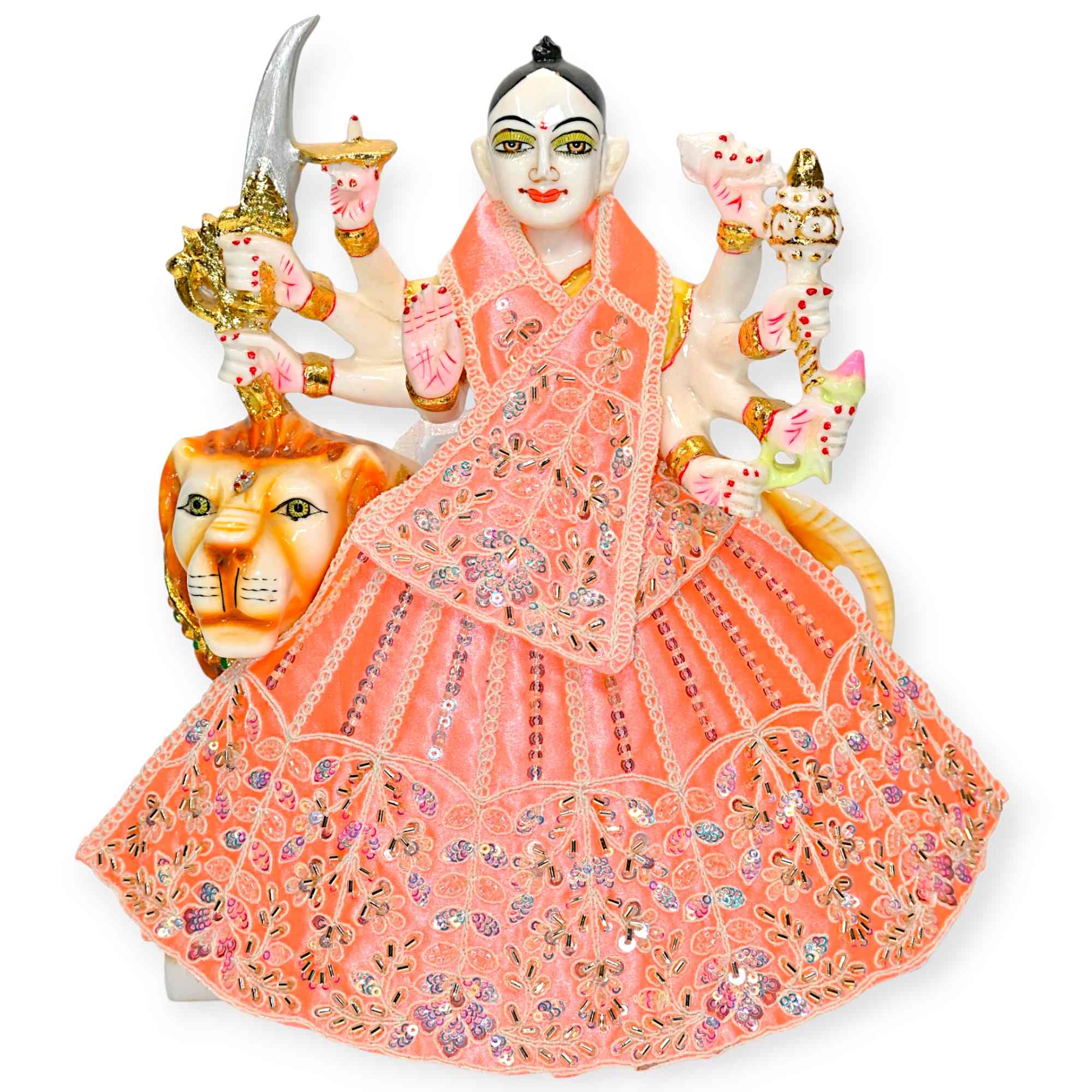 Kashyap G Poshak. Celebrate the divine presence of Mata Durga Ji with this beautifully handmade poshak, specially crafted for Navratri and religious occasions. This decorative dress is designed in a traditional lehenga style with detailed embroidery work 
